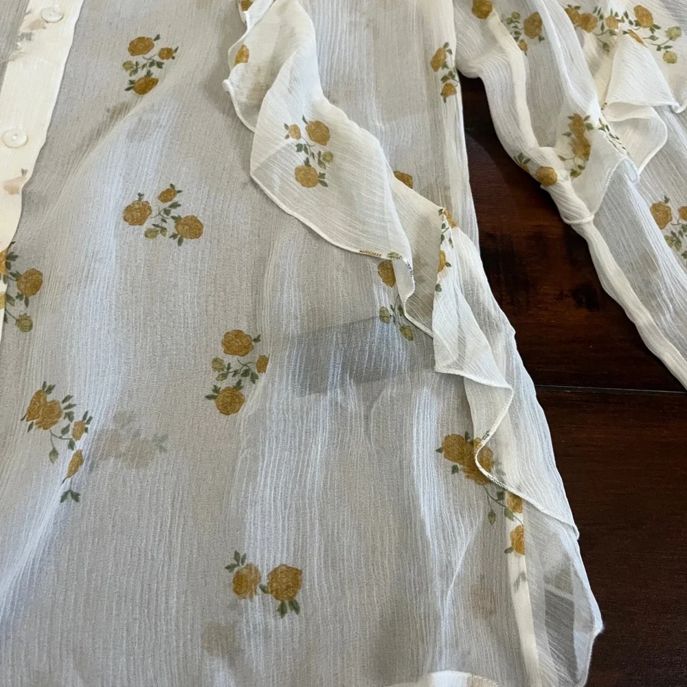 The Kooples Popcorn Floral-Print Sheer Silk Shirt Ruffle Button Down FR 1/US S - Picture 6 of 13